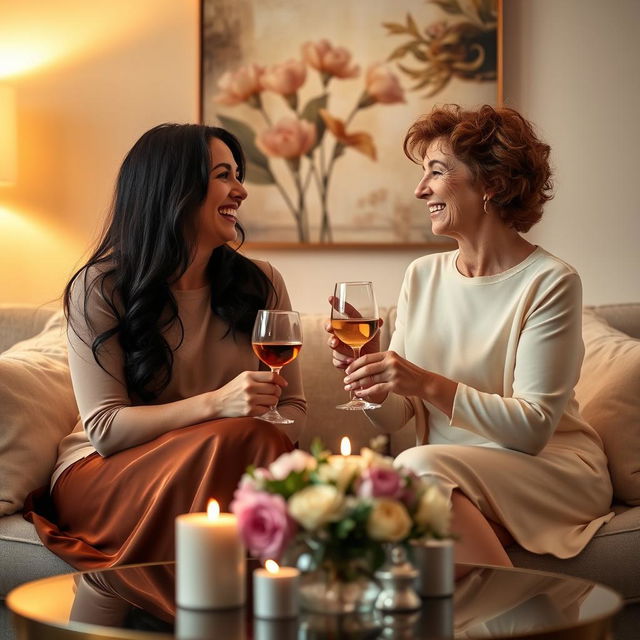 A romantic and intimate scene between two mature women in a cozy living room setting, softly lit by warm, ambient light