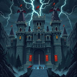 A grand final boss castle in pixel art style, featuring towering turrets, menacing gargoyles perched on the rooftops, and a massive iron gate at the entrance