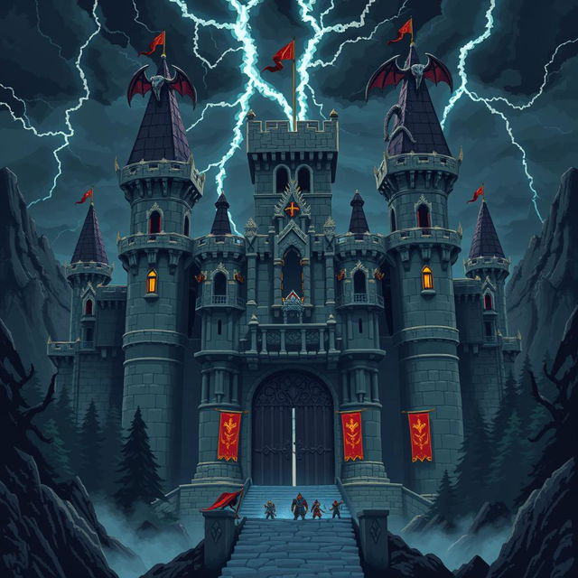 A grand final boss castle in pixel art style, featuring towering turrets, menacing gargoyles perched on the rooftops, and a massive iron gate at the entrance