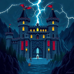A grand final boss castle in pixel art style, featuring towering turrets, menacing gargoyles perched on the rooftops, and a massive iron gate at the entrance