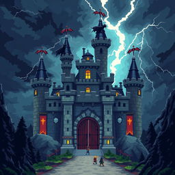 A grand final boss castle in pixel art style, featuring towering turrets, menacing gargoyles perched on the rooftops, and a massive iron gate at the entrance