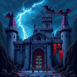 A grand final boss castle in pixel art style, featuring towering turrets, menacing gargoyles perched on the rooftops, and a massive iron gate at the entrance