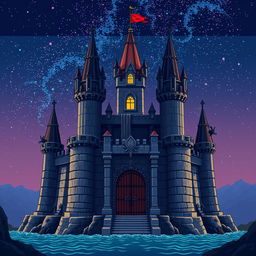A solitary final boss castle in pixel art style, showcasing towering spires, detailed stone walls, and menacing gargoyles