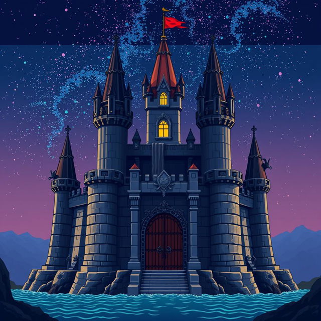 A solitary final boss castle in pixel art style, showcasing towering spires, detailed stone walls, and menacing gargoyles