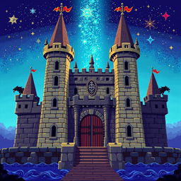 A solitary final boss castle in pixel art style, showcasing towering spires, detailed stone walls, and menacing gargoyles