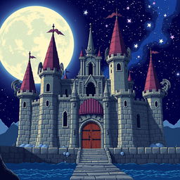 A solitary final boss castle in pixel art style, showcasing towering spires, detailed stone walls, and menacing gargoyles