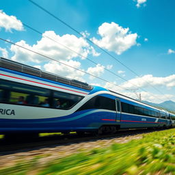 A sleek, modern train speeding through a picturesque landscape