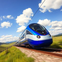 A sleek, modern train speeding through a picturesque landscape
