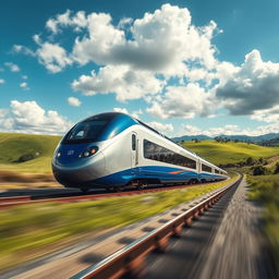 A sleek, modern train speeding through a picturesque landscape