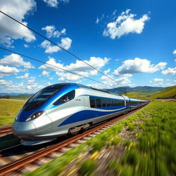 A sleek, modern train speeding through a picturesque landscape