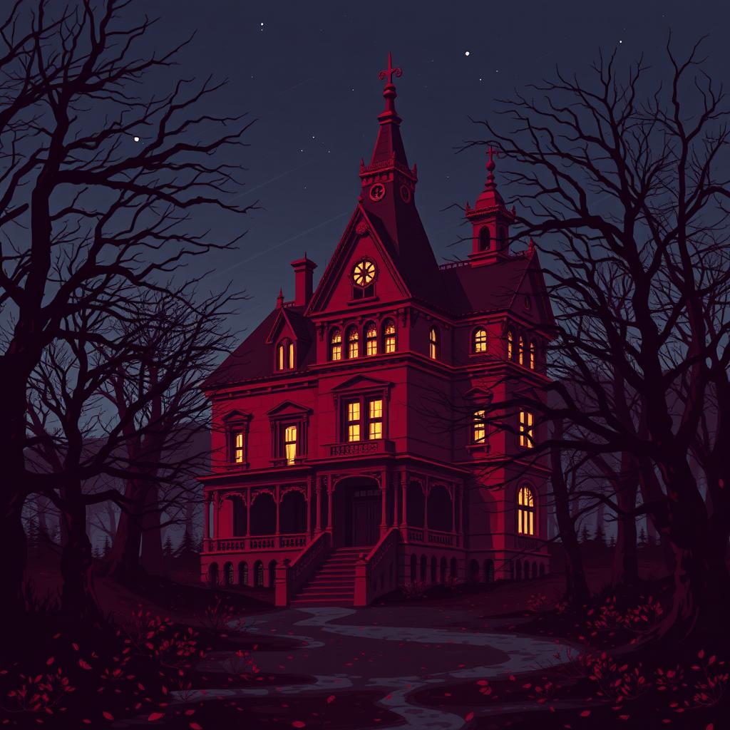 An epic pixel art depiction of a crimson haunted mansion standing alone in the woods on a windy, starless night