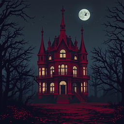 An epic pixel art depiction of a crimson haunted mansion standing alone in the woods on a windy, starless night