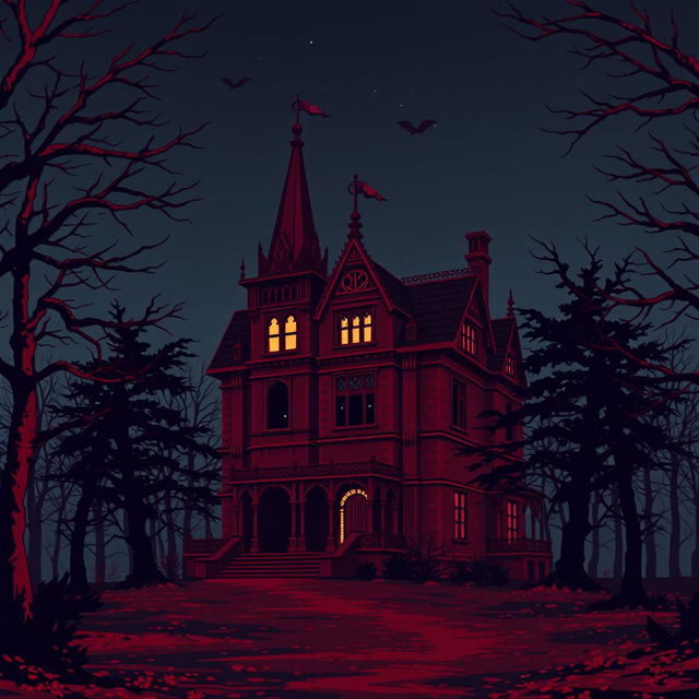 An epic pixel art depiction of a crimson haunted mansion standing alone in the woods on a windy, starless night