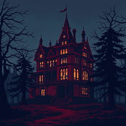 An epic pixel art depiction of a crimson haunted mansion standing alone in the woods on a windy, starless night