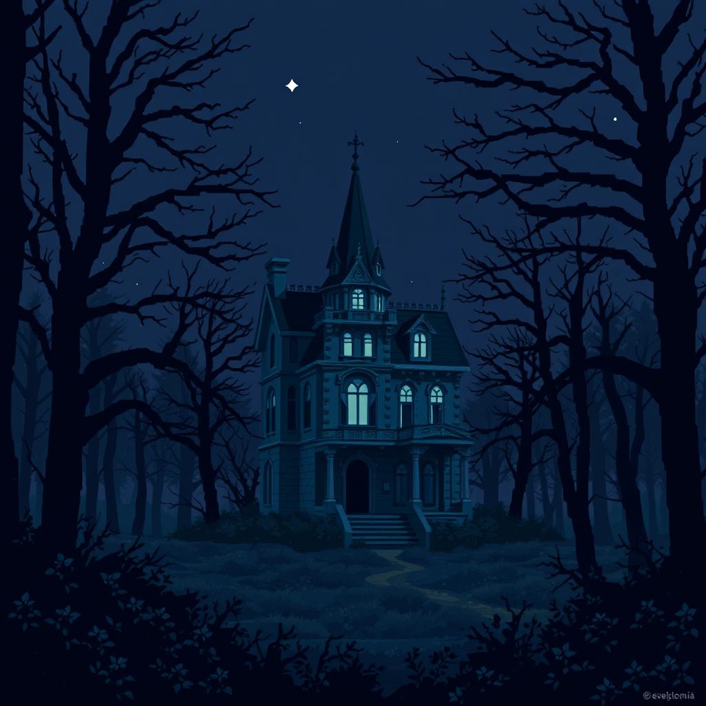 An epic pixel art representation of a haunted mansion standing ominously by itself in a dark, dense forest on a windy, starless night