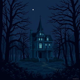 An epic pixel art representation of a haunted mansion standing ominously by itself in a dark, dense forest on a windy, starless night