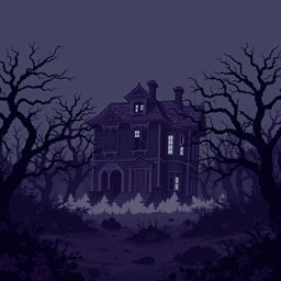 An epic pixel art design of a haunted mansion standing isolated in a dense, shadowy forest on a windy, starless night