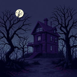 An epic pixel art design of a haunted mansion standing isolated in a dense, shadowy forest on a windy, starless night