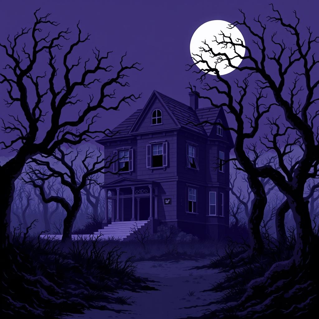 An epic pixel art design of a haunted mansion standing isolated in a dense, shadowy forest on a windy, starless night