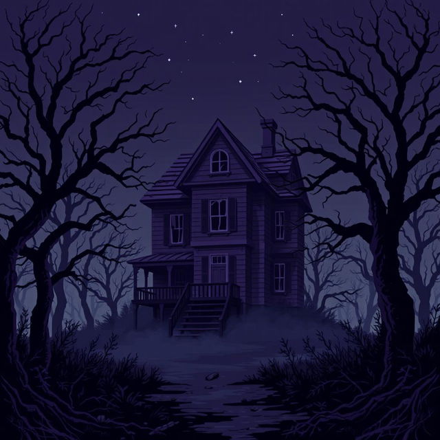 An epic pixel art design of a haunted mansion standing isolated in a dense, shadowy forest on a windy, starless night