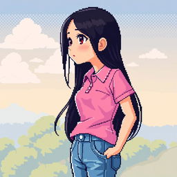 A beautiful girl in pixel art style, featuring long black hair, wearing a pink polo shirt and jeans pants