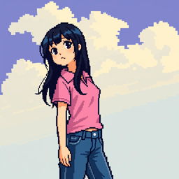 A beautiful girl in pixel art style, featuring long black hair, wearing a pink polo shirt and jeans pants