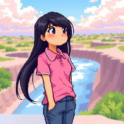 A beautiful girl in pixel art style, featuring long black hair, wearing a pink polo shirt and jeans pants