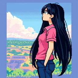 A beautiful girl in pixel art style, featuring long black hair, wearing a pink polo shirt and jeans pants