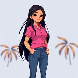 A beautiful girl in pixel art style, showcasing long black hair and a large bust, dressed in a pink polo shirt and jeans pants