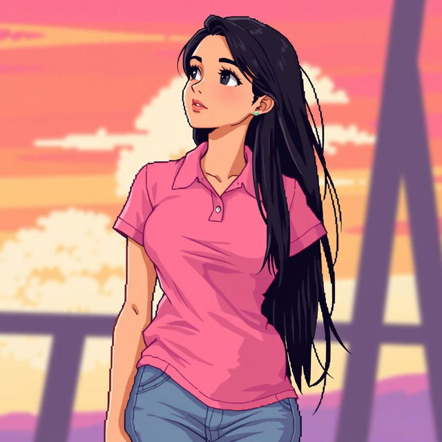 A beautiful girl in pixel art style, showcasing long black hair and a large bust, dressed in a pink polo shirt and jeans pants