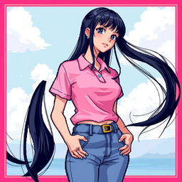 A beautiful girl in pixel art style, showcasing long black hair and a large bust, dressed in a pink polo shirt and jeans pants