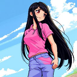 A beautiful girl in pixel art style, showcasing long black hair and a large bust, dressed in a pink polo shirt and jeans pants