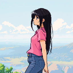 A beautiful girl in pixel art style, showcasing long black hair and a noticeable large bust, wearing a pink polo shirt and jeans pants
