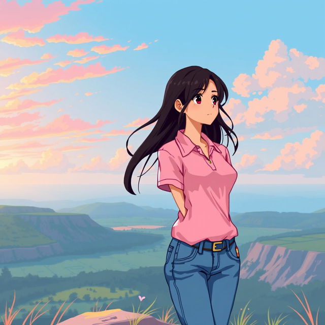 A beautiful girl in pixel art style, showcasing long black hair and a noticeable large bust, wearing a pink polo shirt and jeans pants