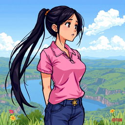A beautiful girl in pixel art style, showcasing long black hair and a noticeable large bust, wearing a pink polo shirt and jeans pants