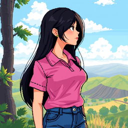 A beautiful girl in pixel art style, showcasing long black hair and a noticeable large bust, wearing a pink polo shirt and jeans pants