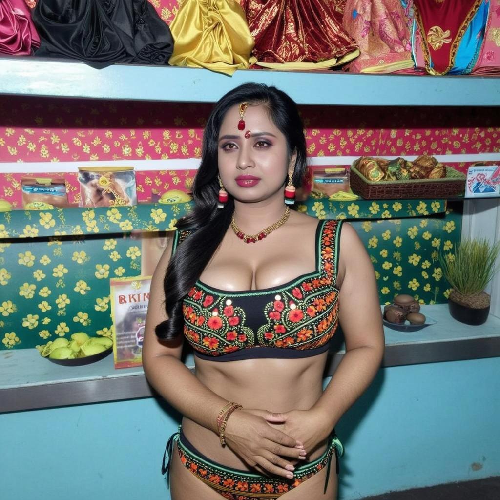 A confident woman wearing a fashionable bikini with intricate ethnic patterns, posing in a cheerful setting adorned with colorful decorations and traditional items