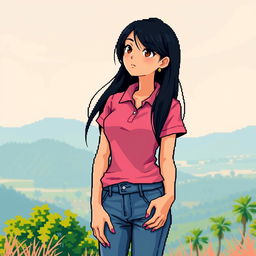 A beautiful girl in pixel art style, featuring long black hair and a prominent large bust, dressed in a pink polo shirt and jeans pants
