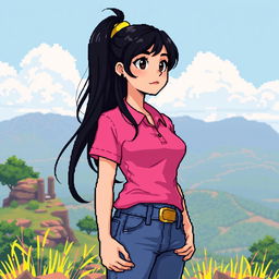 A beautiful girl in pixel art style, featuring long black hair and a prominent large bust, dressed in a pink polo shirt and jeans pants