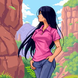 A beautiful girl in pixel art style, featuring long black hair and a prominent large bust, dressed in a pink polo shirt and jeans pants