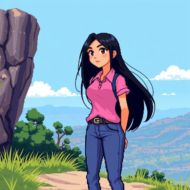 A beautiful girl in pixel art style, featuring long black hair and a prominent large bust, dressed in a pink polo shirt and jeans pants