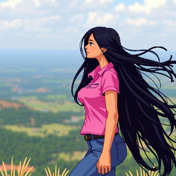 A beautiful girl in pixel art style, featuring long flowing black hair and a pronounced large bust, wearing a vibrant pink polo shirt and form-fitting jeans pants