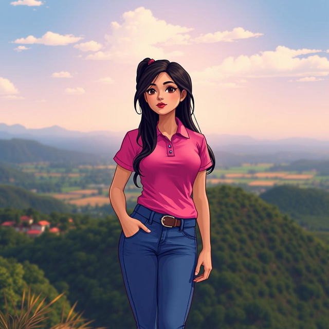 A beautiful girl in pixel art style, featuring long flowing black hair and a pronounced large bust, wearing a vibrant pink polo shirt and form-fitting jeans pants