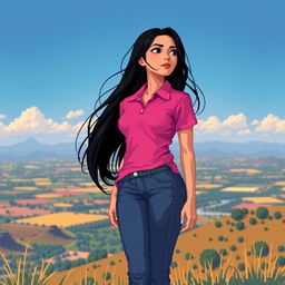 A beautiful girl in pixel art style, featuring long flowing black hair and a pronounced large bust, wearing a vibrant pink polo shirt and form-fitting jeans pants