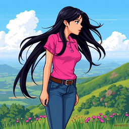 A beautiful girl in pixel art style, featuring long flowing black hair and a pronounced large bust, wearing a vibrant pink polo shirt and form-fitting jeans pants