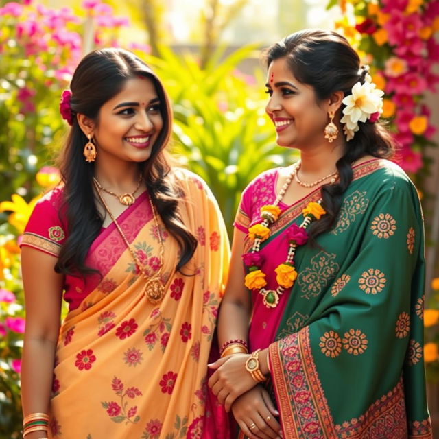 A scene featuring two fair-skinned Indian women, standing side by side, radiating confidence and joy