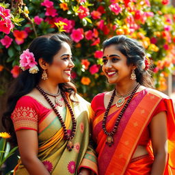 A scene featuring two fair-skinned Indian women, standing side by side, radiating confidence and joy