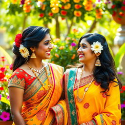 A scene featuring two fair-skinned Indian women, standing side by side, radiating confidence and joy