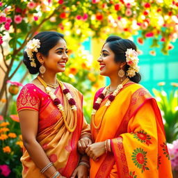 A scene featuring two fair-skinned Indian women, standing side by side, radiating confidence and joy
