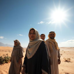 Sumayyah, a brave Muslim woman, is depicted in the scorching heat of the Mecca desert, standing resolutely with her family